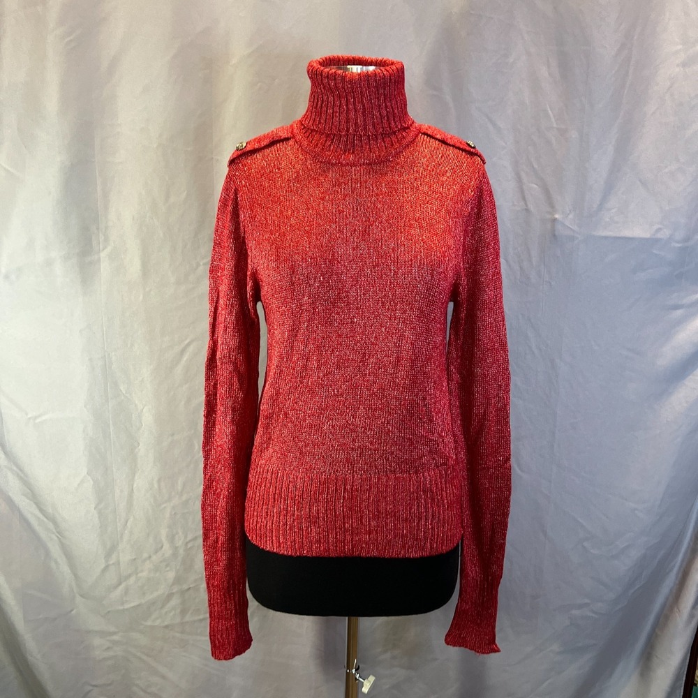 Jessica Sport Pullover Sweater Womens M Red Tight Knit Ribbed Trim Turtle Neck